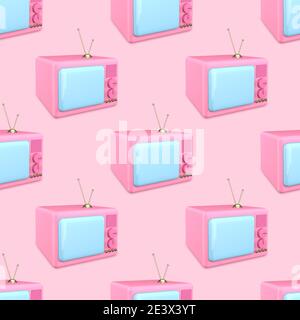 Seamless pattern 3d render of an old TV. Pink cartoon TV with blue screen on a pink background. Beauty news concept. Stock Photo