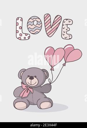 Vector hand-drawn illustration of a cute teddy bear. Greeting card for Valentines day, birthday, holiday. Doodle. Stock Vector