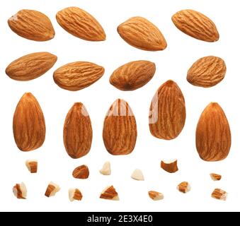 Close up of Almonds nut with pieces isolated on white Stock Photo