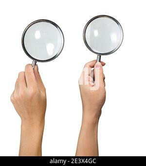Hand holding magnifying glass isolated on white Stock Photo