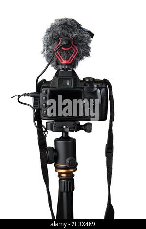Close up of a digital video camera with mic isolated on white Stock Photo