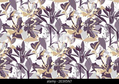 Vector floral seamless pattern. Beige, grey, purple flowers. Stock Vector
