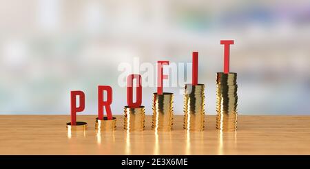 3D rendered golden coin bars are rising up on a wooden but reflecting surface. Over each metal money column are bold red letters saying: PROFIT Stock Photo