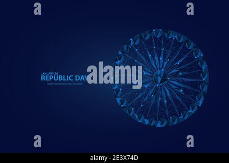 26 January is the Republic Day of India. Low poly wireframe Indian Republic Day flag Ashoka wheel Stock Vector