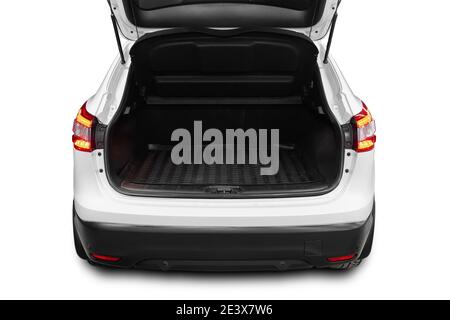 Clean, open empty trunk in the white  car SUV on white isolated  background Stock Photo