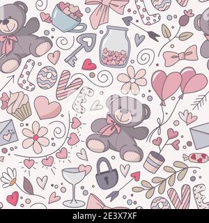 Funny seamless doodle pattern for Valentines Day, wedding, romantic events. Vector Stock Vector