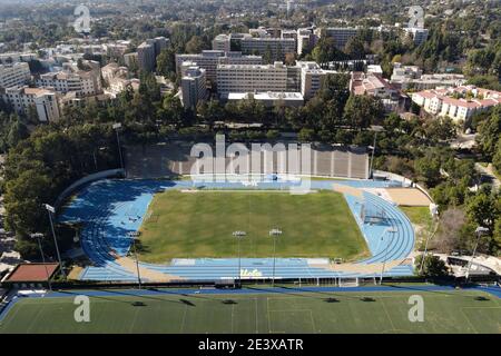 General overall view of Drake Stadium and Marshall Field on the campus of UCLA, Saturday, Jan. 16, 2021, in Los Angeles. The stadium, opened in 1969, Stock Photo