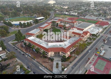 An aerial view of the Long Beach Wilson High School campus, Saturday, Jan 9, 2021, in Long Beach, Calif. Stock Photo