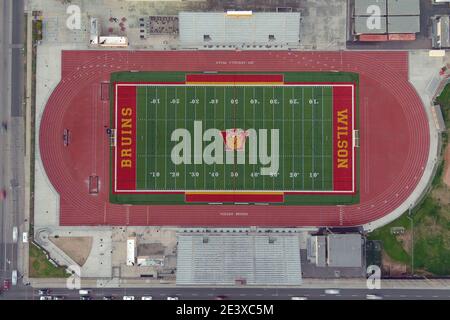 An aerial view of Jim Arquilla Track and football stadium on the campus of Long Beach Wilson High School, Saturday, Jan 9, 2021, in Long Beach, Calif. Stock Photo