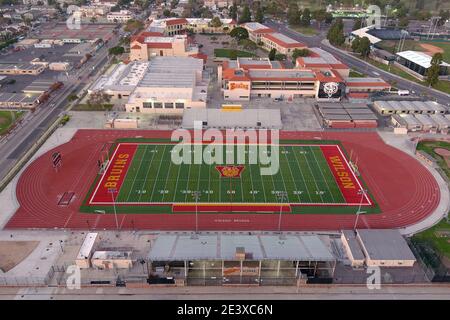 An aerial view of Jim Arquilla Track and football stadium on the campus of Long Beach Wilson High School, Saturday, Jan 9, 2021, in Long Beach, Calif. Stock Photo