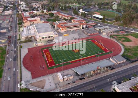 An aerial view of Jim Arquilla Track and football stadium on the campus of Long Beach Wilson High School, Saturday, Jan 9, 2021, in Long Beach, Calif. Stock Photo