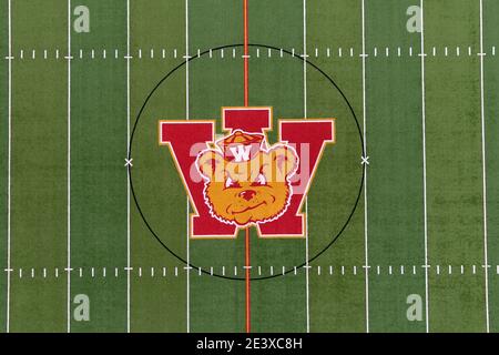 An aerial view of the soccer and football field on the campus of Long Beach Wilson High School, Saturday, Jan 9, 2021, in Long Beach, Calif. Stock Photo