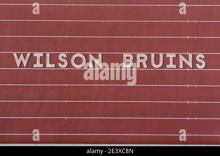 An aerial view of Jim Arquilla Track on the campus of Long Beach Wilson High School, Saturday, Jan 9, 2021, in Long Beach, Calif. Stock Photo