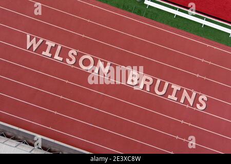 An aerial view of Jim Arquilla Track on the campus of Long Beach Wilson High School, Saturday, Jan 9, 2021, in Long Beach, Calif. Stock Photo