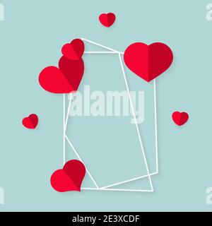 Closeup of abstract polygonal geometric white frame with red hearts. Template empty text banner for Valentines day. Design element polyhedron frame for wedding invitation card. Vector illustration Stock Vector