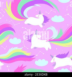 Cute seamless pattern with adorable little unicorns in the pink sky with stars and clouds. Stock Vector