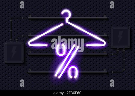 Discount on clothes glowing purple neon lamp sign. Realistic vector illustration. Perforated black metal grill wall with electrical equipment. Stock Vector