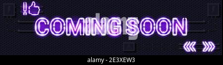 COMING SOON glowing purple neon lamp sign. Realistic vector illustration. Perforated black metal grill wall with electrical equipment. Stock Vector