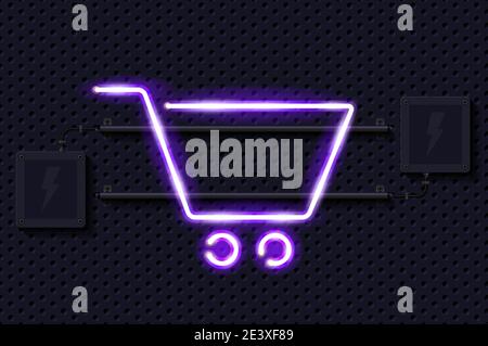 Shopping cart glowing purple neon lamp sign. Realistic vector illustration. Perforated black metal grill wall with electrical equipment. Stock Vector