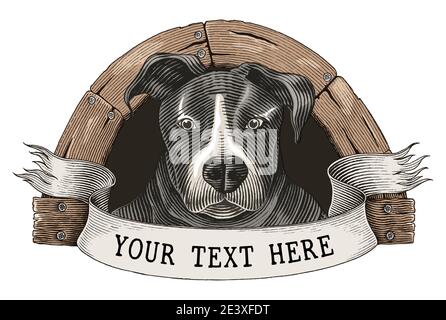 Dog farm logo hand draw vintage engraving style clip art isolated on white background Stock Vector