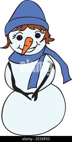 shy snow woman smiling in blue hat and scarf vector illustration Stock Vector