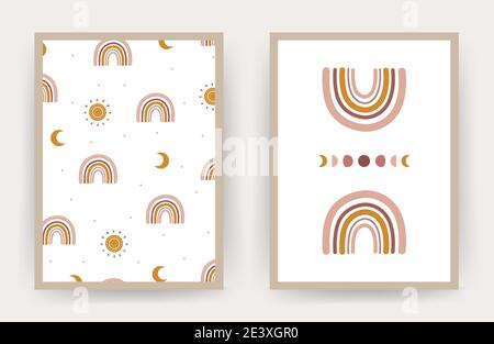 Posters with abstract rainbow and moon. Scandinavian design for wallpaper and home decor. Contemporary geometric backgrounds. Modern vector Stock Vector