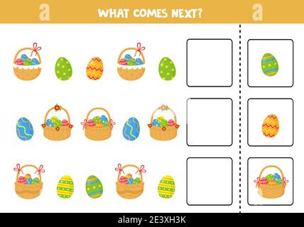 What comes next game with cartoon Easter baskets and Easter eggs. Educational logical game for kids. Stock Vector