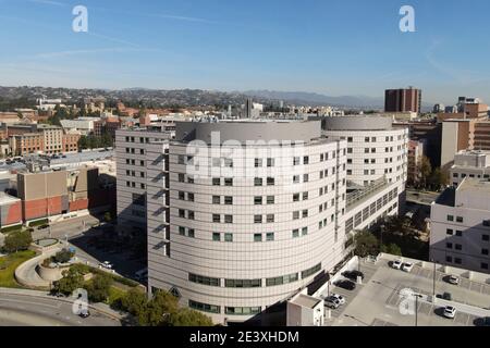 An aerial view of the Ronald Reagan hospital at the UCLA Health Medical Center, Saturday, Jan. 16, 2021, in Los Angeles. Stock Photo