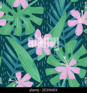 Cute tropical seamless pattern with pink flowers, monstera and palm leaves. Stock Vector
