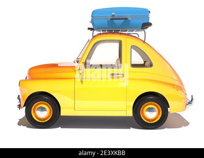 Retro cartoon car with laggage on top isolated on white. 3D illustration Stock Photo