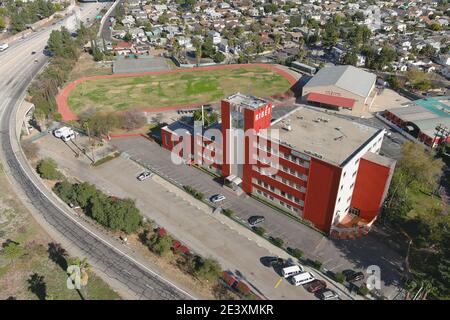 An aerial view of Ribet Academy College Preparatory School and track, Wednesday, Jan. 21, 2021, in Los Angeles. Stock Photo