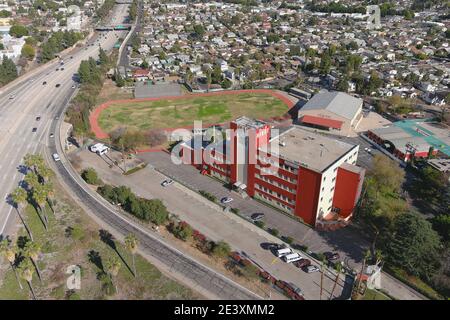 An aerial view of Ribet Academy College Preparatory School and track, Wednesday, Jan. 21, 2021, in Los Angeles. Stock Photo