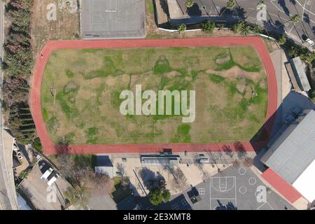 An aerial view of Ribet Academy College Preparatory School track, Wednesday, Jan. 21, 2021, in Los Angeles. Stock Photo