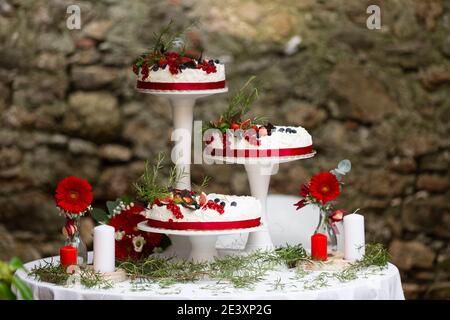 wedding cake decorated with berries, flowers and candles Stock Photo