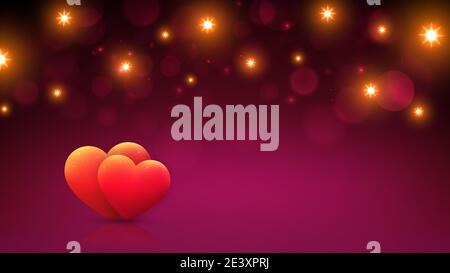 Magenta bokeh background for valentines day greeting card with red hearts, gold lights. Happy valentine day banner. Invitation card with hearts. Love. Stock Vector