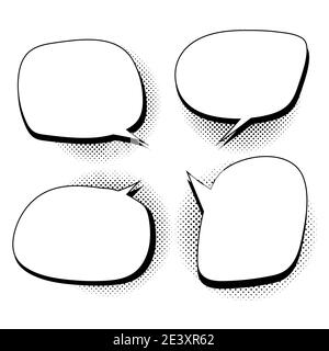 Retro empty comic bubbles and elements set with black halftone shadows, pop art style. White background. Vector illustration. Stock Vector