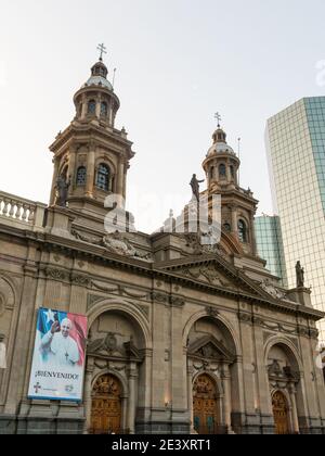 Santiago de Chile - January 26, 2018: Metropolitan Cathedral of Santiago, in the Armas square. It is the main temple of the Catholic Church in the cou Stock Photo