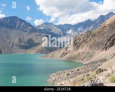 Mountains and peaks landscape. Lake of Yeso. Cajon del Maipo. Santiago of Chile Stock Photo