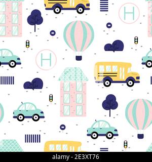 City seamless pattern with hot air balloon, school bus, helicopter pad, car, traffic lights, crosswalk, house, trees and abstract elements. Hand drawn Stock Vector