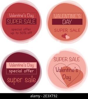 Valentine Day sale labels template. Set logo, sets, badges, stickers for Valentine Day promotion. Vector illustration.  Stock Vector