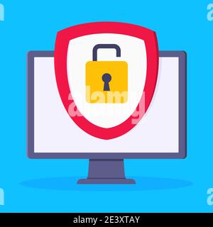 Privacy policy, safety lock and data protection metaphor. Shield with padlock on the computer monitor screen with personal data security protection sy Stock Vector