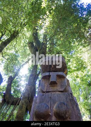 Wooden statue, in the middle of the Huilo Huilo Biological Reserve, regressing animals and Mapuche mystical characters from southern Chile. Los Ríos R Stock Photo