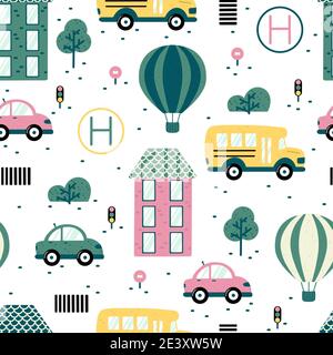 City scene seamless pattern with hot air balloon, school bus, helicopter pad, car, traffic lights, crosswalk, house, trees and abstract elements. Hand Stock Vector