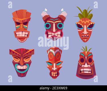 Tiki masks, hawaiian tribal totem, wooden god faces with horns and leaves. Vector cartoon set of polynesian traditional statues, ancient wood tikki masks isolated on purple background Stock Vector