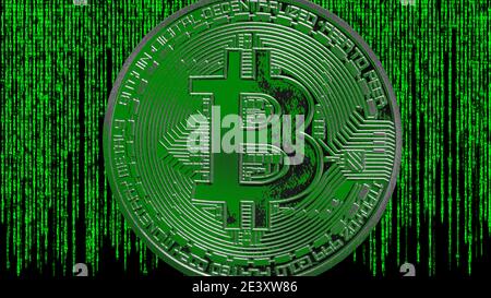 green matrix background with a large bitcoin view in the middle Stock ...
