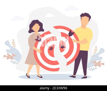 Vector illustration connecting the two halves of the goal, teamwork, collaboration, result and success. Man and woman holding halves of a target with Stock Vector