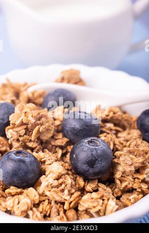 in the foreground, healthy breakfast with crunchy wholemeal muesli of barley and oats, blueberries and fresh milk. Stock Photo
