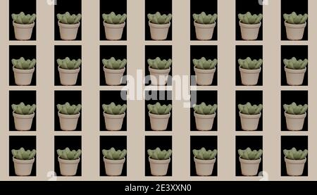 Seamless 3D succulent plant pot pattern at beige pastel background. Vector, illustration pattern. Stock Vector