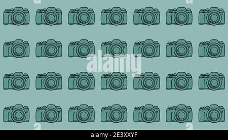Seamless green camera pattern at green pastel background. Vector, illustration pattern. Stock Vector