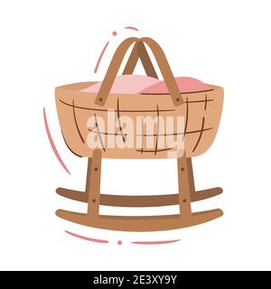 Baby cradle basket, rocking bassinet on runners - isolated vector illustration. Cute doodle for baby room and nursery design, baby shower invitation Stock Vector